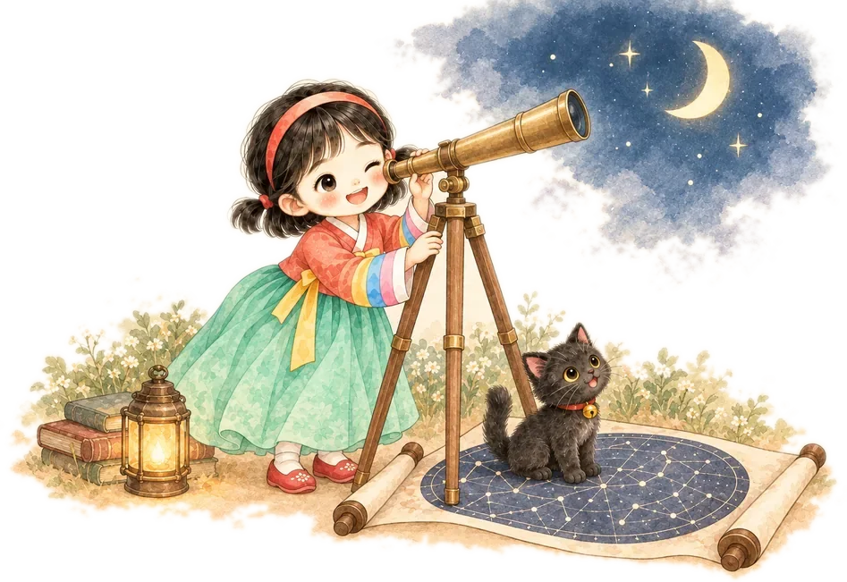 별지도 위에서 망원경으로 먼 하늘을 보는 소녀와 고양이