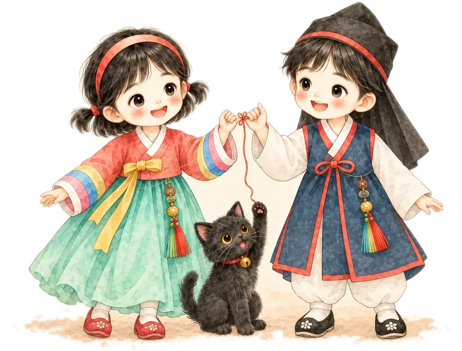 새끼손가락을 걸고 붉은 실로 맺은 소녀와 도령, 그 아래 검은 고양이