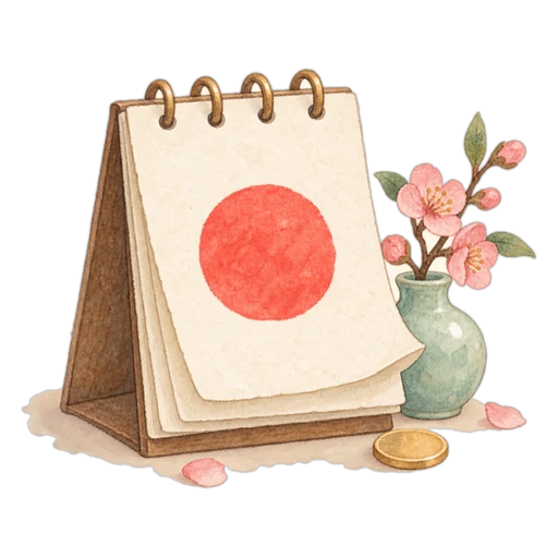 붉은 동그라미 친 탁상 달력과 매화 꽂은 청자 병