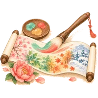 사계절 두루마리 위의 붓과 팔레트