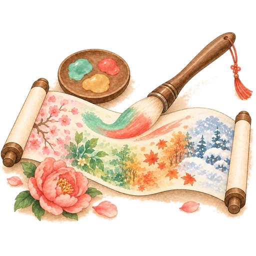 사계절 두루마리 위의 붓과 팔레트