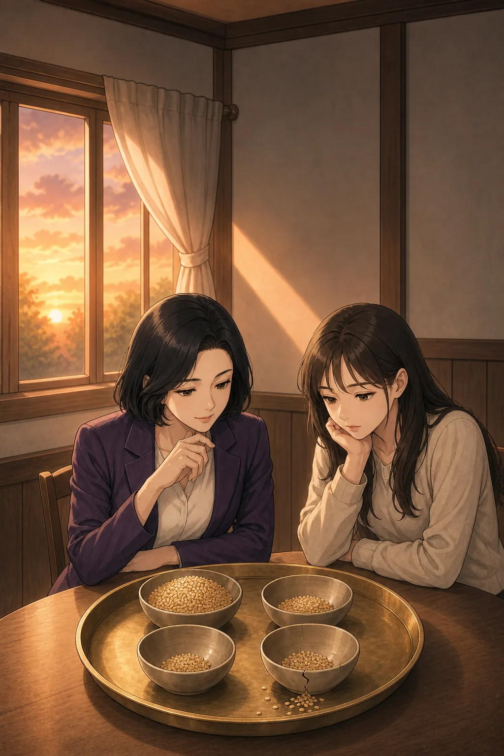 네 그릇에 담긴 곡식과 새는 자리를 함께 들여다보는 장면