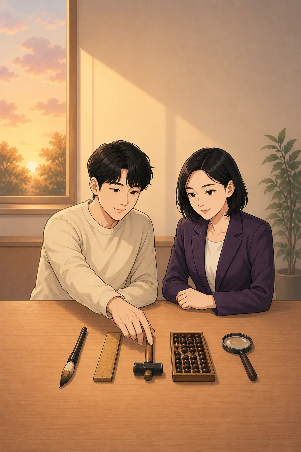 여러 도구 가운데 손이 향하는 자리를 함께 보는 장면