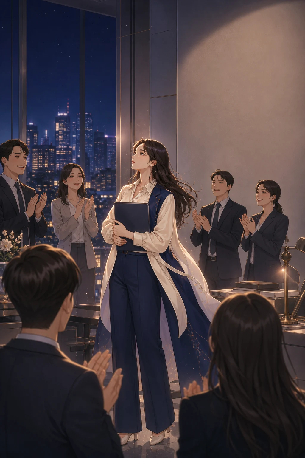 직장 동료들에게 승진 축하를 받는 여성