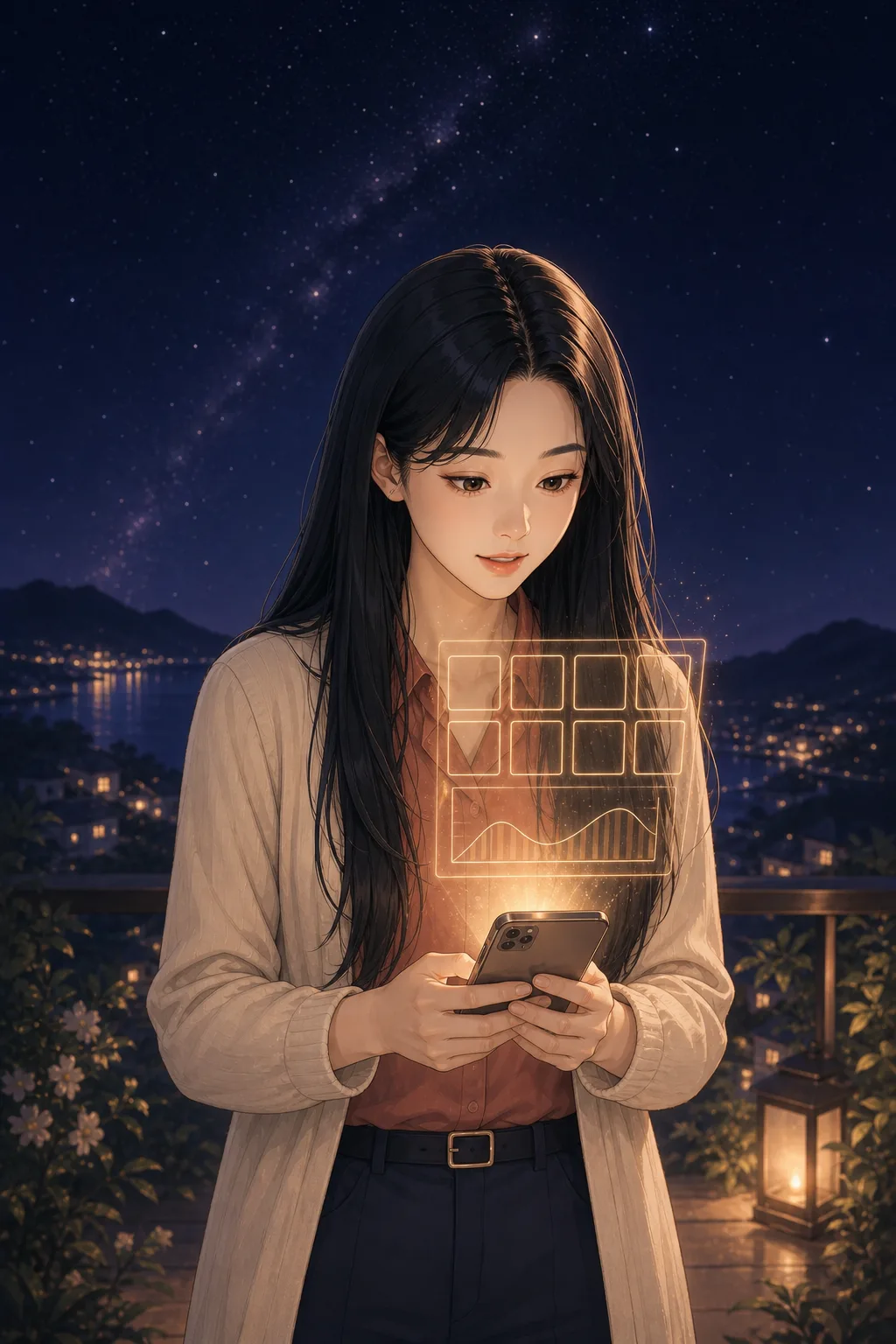 폰 위로 떠오른 여덟 글자 격자와 차트를 들여다보는 여성