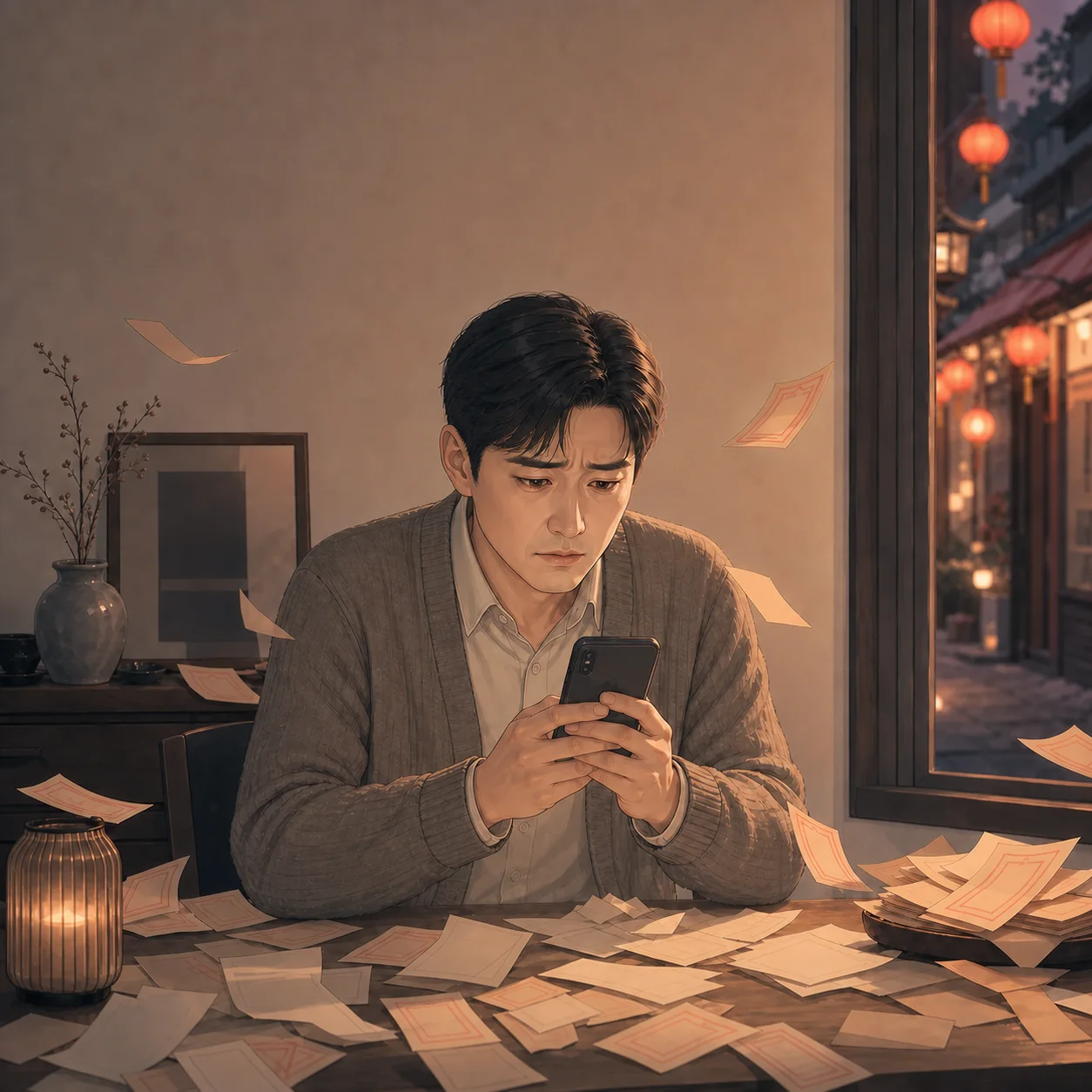 흩어진 부적과 영수증 사이에서 불안하게 폰을 보는 남성