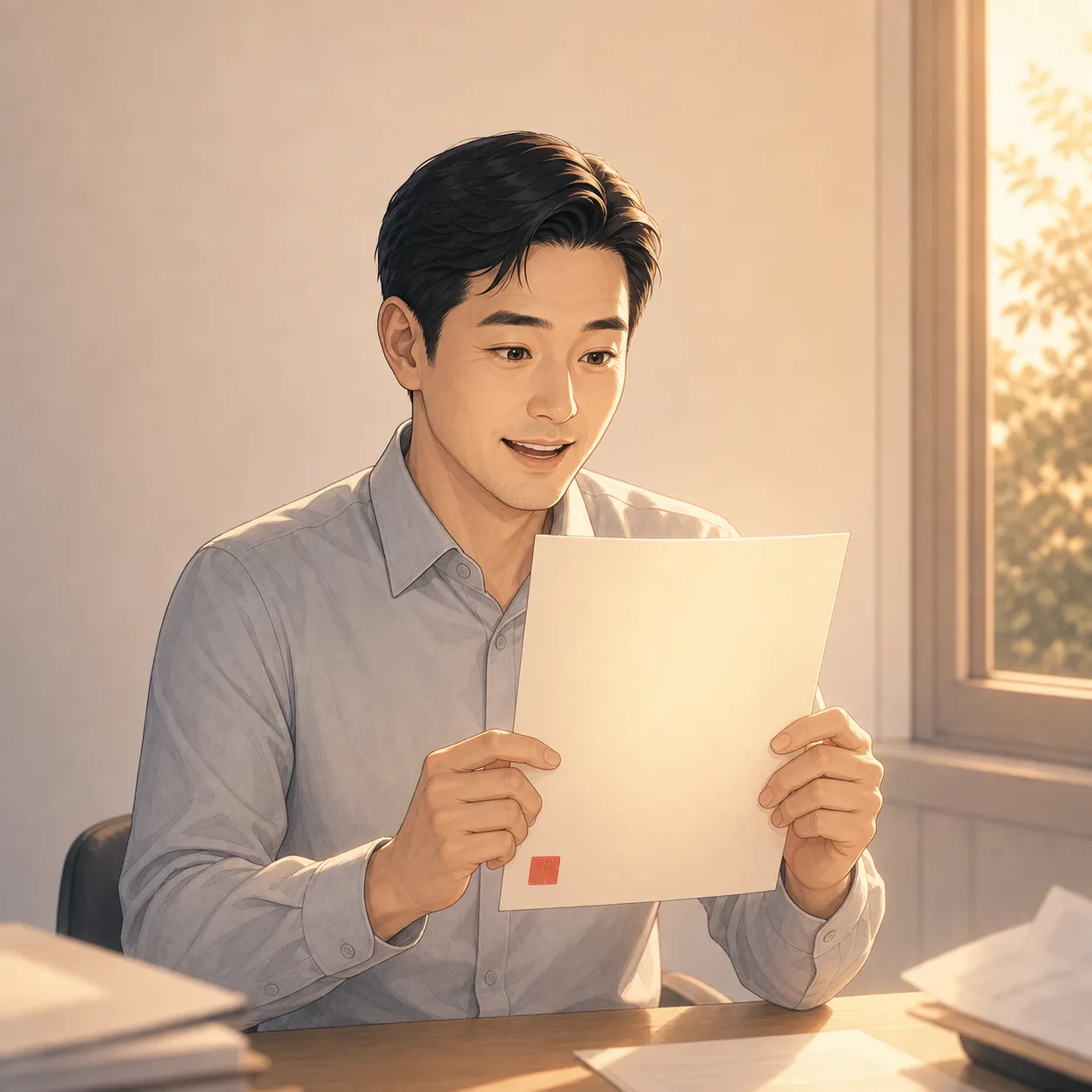 붉은 낙관이 찍힌 리포트 한 장을 들고 반가워하는 남성
