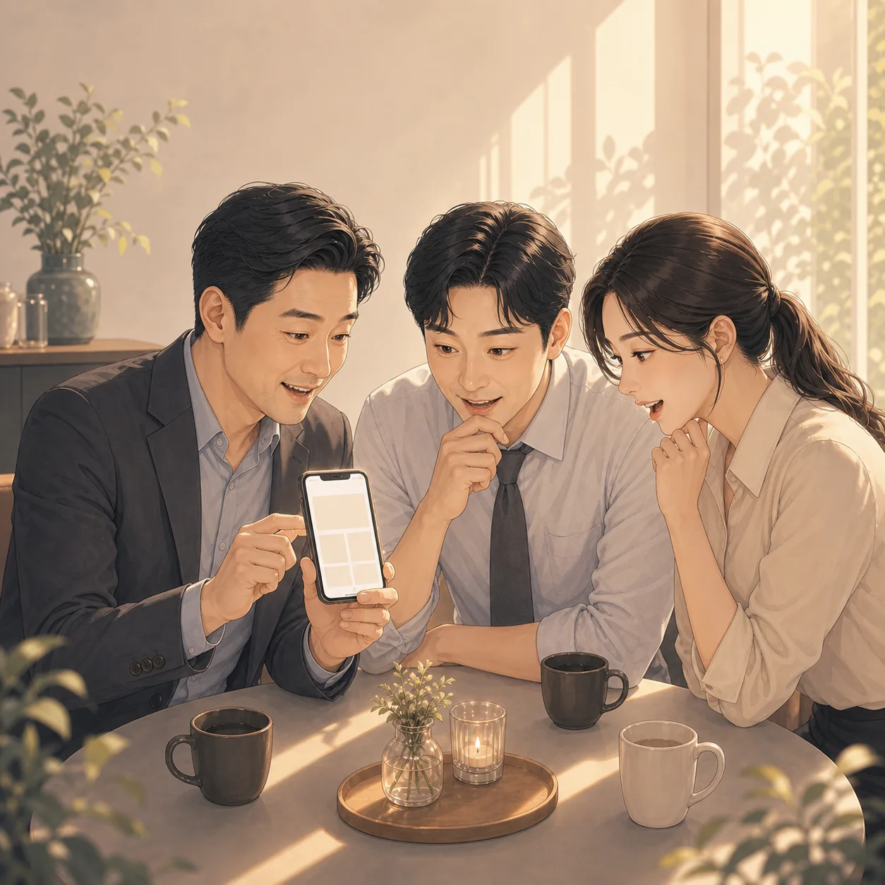 카페에서 동료 둘에게 폰 화면을 보여주는 남성