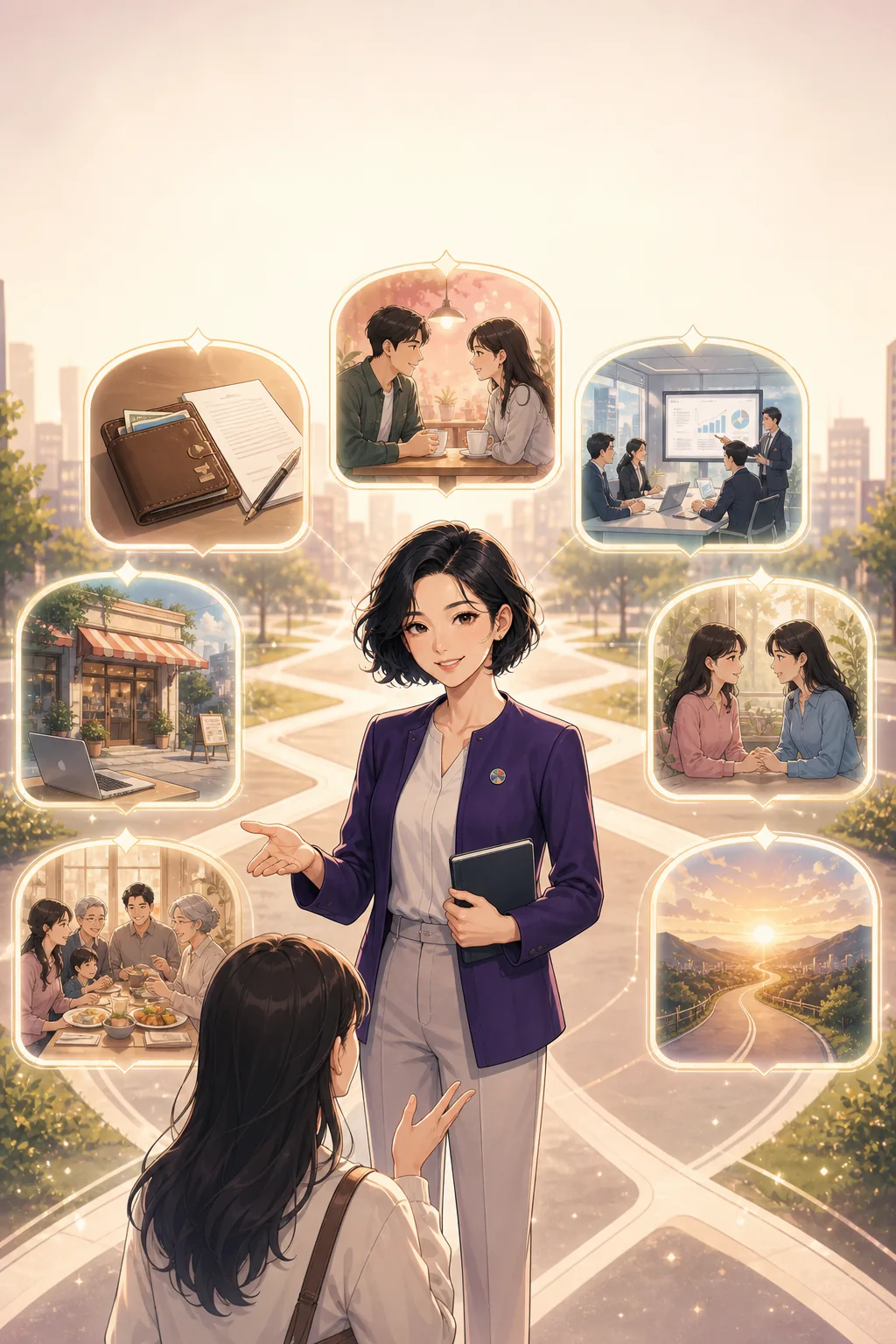 돈, 연애, 일, 사업 중 궁금한 장면을 고르는 모습